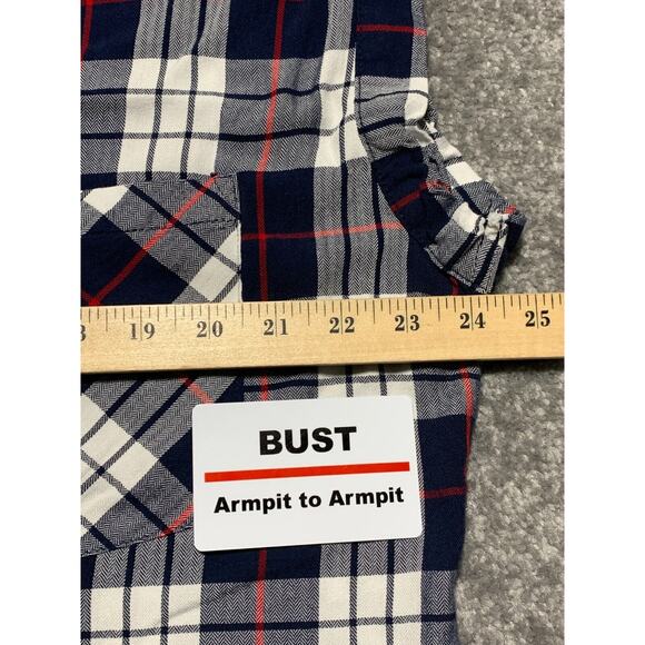 JACHS Girlfriend Button Up Top Women Size XXL Navy Red Plaid Cap Sleeve Pockets - Picture 11 of 11